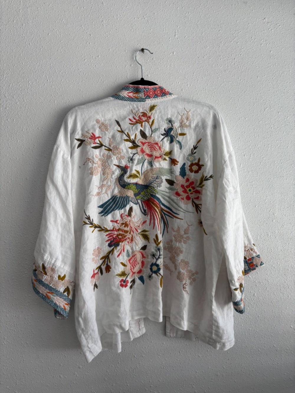 Johnny Was Los Angeles Ceretti Linen Embroidered Floral Crane Crop Kimono - Picture 5 of 7